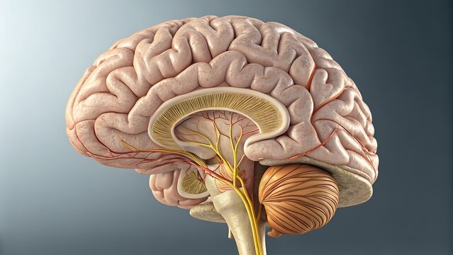 Detailed anatomical model of the human brain in sagittal view