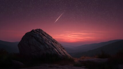 A meteor streaks across a vibrant crimson twilight sky over mountain ranges with a large rock in the foreground