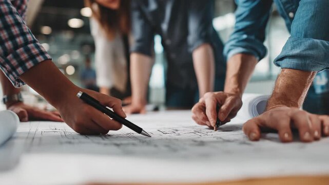 Closeup view of colleagues collaborating on blueprint in modern office