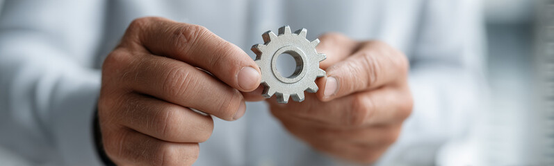 Obraz premium Gear of Progress: Close-up of hands holding a metal gear, symbolizing collaboration, mechanics, and the interconnectedness of systems and processes. 