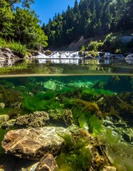 A split view reveals a river and its underwater world, showing sunlight, plants, rocks, and the forest