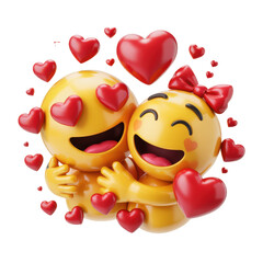 Two yellow emojis hugging with red hearts isolated on a transparent background