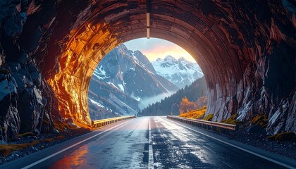 A road curves through a rocky tunnel, revealing a majestic mountain range shrouded in mist and sunlight. A scenic landscape
