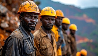 Mining construction workers on mountain top