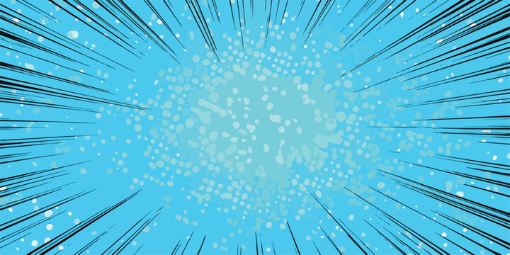 밝고 활기찬 푸른색 배경에 중앙에서 폭발하듯 퍼져나가는 빛나는 점들과 강력한 속도선이 역동적인 움직임과 에너지를 시각적으로 강조하는 그래픽 디자인 요소입니다.