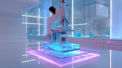 White microscope on a glass platform in a modern laboratory with blue liquid