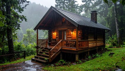 A rustic wooden cabin nestled in a lush, green forest during a misty, rainy day, with warm lights illuminating the interior