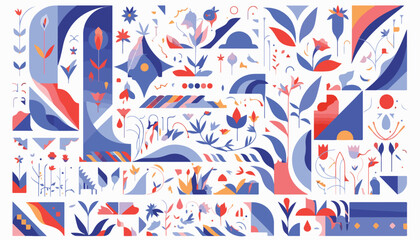 모던한 색감과 유기적인 형태가 결합된 추상적인 식물 및 기하학적 패턴으로, 창의적인 디자인 프로젝트에 활용하기 좋습니다.