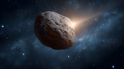 A rough textured asteroid floats in the vast star filled expanse of deep space illuminated by a distant bright light