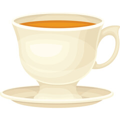 Cream Colored Ceramic Tea Cup Filled With Amber Beverage Sitting on Matching Saucer Isolated on White