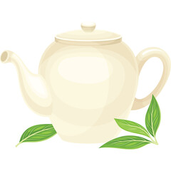 Cream Colored Ceramic Teapot with Green Leaves Isolated on Transparent Background Featuring a Smooth Texture and Elegant Design Ideal for Beverage and Culinary Themes
