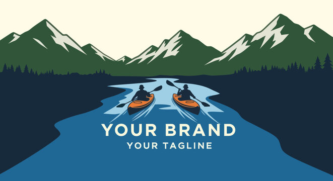 Two people kayaking on a river for an adventure travel logo. - Powered by Adobe