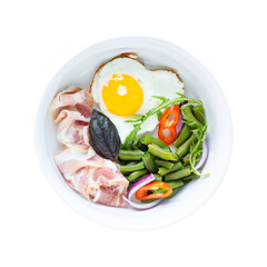 Heart shaped fried egg breakfast platter with bacon green beans and onion for a wholesome and delicious morning meal