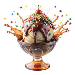 Ice Cream Sundae Splash Dance: A colorful ice cream sundae with splashing chocolate syrup and rainbow sprinkles frozen mid-motion, PNG style.