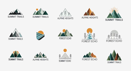 A diverse collection of modern mountain and nature logo templates.