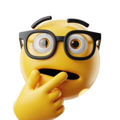 Yellow emoji thinking with glasses isolated on a transparent background