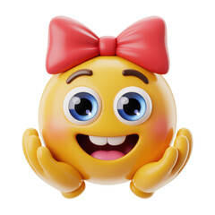 Yellow emoji with red bow and hands isolated on a transparent background