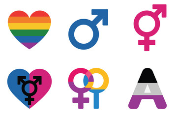 Detailed flat vector icons for gender diversity, showing pansexual, heart, gender, representing lgbtq community and identity,