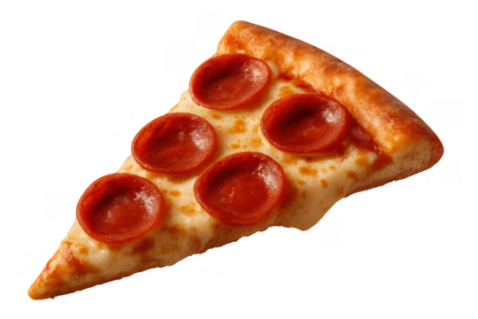 Pepperoni pizza slice with melted cheese and crispy crust on transparent background, symbolizing fast food and casual dining