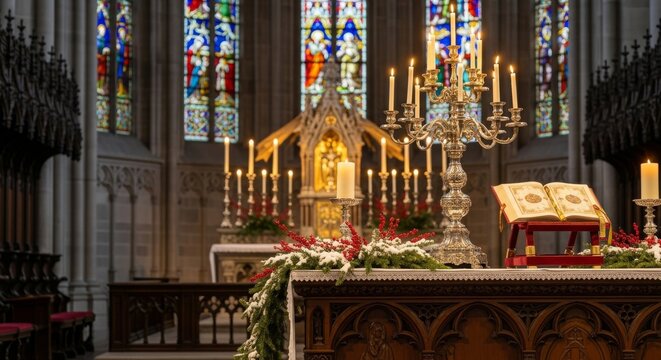 Luxembourg cathedral winter altar, silver candelabra and holy book - Powered by Adobe