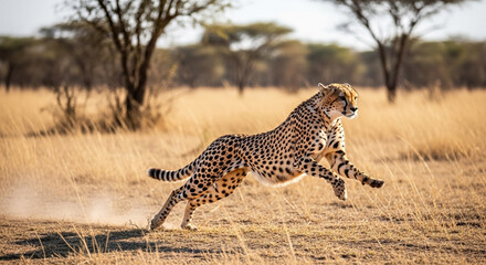 Stunning cheetah mid-air, showcasing its incredible agility and speed across the African plains great for wildlife documentaries and conservation awareness campaigns
