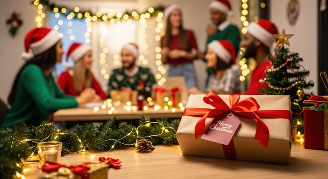 Diverse group of young adult friends wearing Santa hats celebrating a festive Christmas holiday party indoors with gifts and sparkling decorations - Powered by Adobe