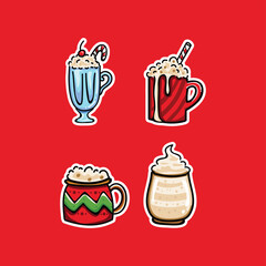 Christmas and New year drink set. Isolated vector illustration on a bold red background.