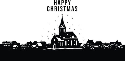 Happy christmas village silhouette illustration with church and houses