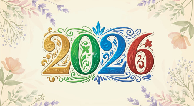 Vibrant decorative 2026 year number calligraphy with floral elements for calendar or greeting card design
