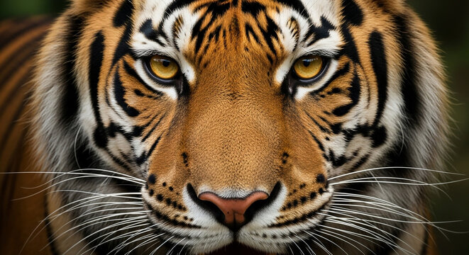 Magnificent tiger face with striking golden eyes looks directly at you, a symbol of strength, beauty, and the wild, perfect for conservation campaigns