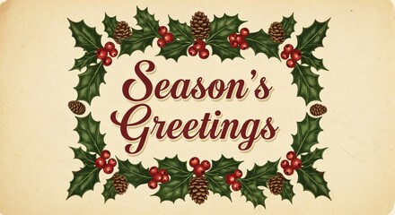 Vintage Season's Greetings card with holly and pinecone border on a rustic background, perfect for holiday messages and festive designs