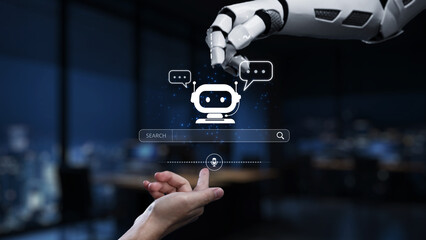 A futuristic scene showcasing a robotic hand poised to interact with a virtual chatbot interface in a sleek workspace, emphasizing innovation and technology use. Synapse