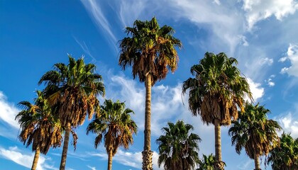 A picturesque view of several tall palm trees with green fronds, set against a bright blue sky filled with wispy clouds