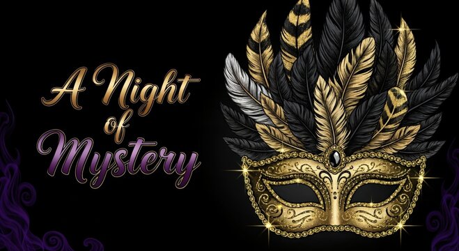 A Night of Mystery Masquerade Ball Invitation with Elegant Gold and Black Feathered Mask Design