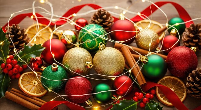 Festive Christmas Decorations with Ornaments, Twinkling Lights, Pine Cones, and Holly Berries on a Rustic Wooden Background