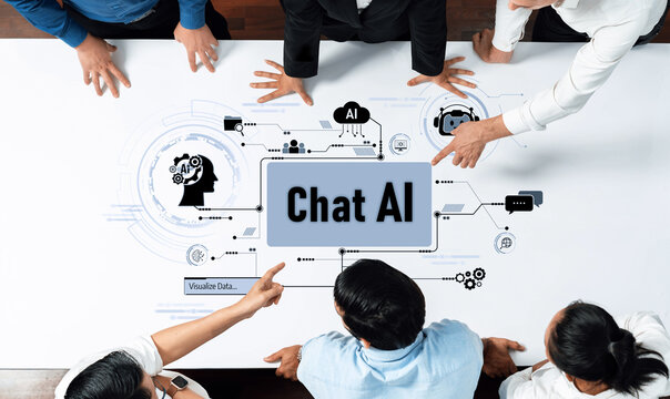 A dynamic business team engages in a discussion about Chat AI solutions, highlighting digital data visualization and collaborative brainstorming in a modern office environment. Trope