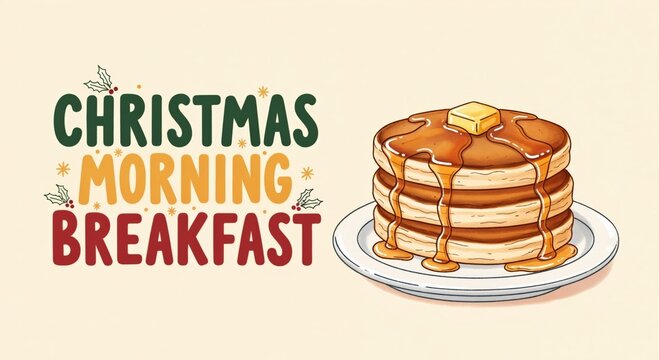 Christmas Morning Breakfast with Delicious Stack of Pancakes, Syrup, and Butter, Festive Holiday Meal Illustration