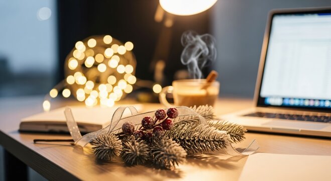 Cozy winter workspace with laptop, steaming coffee, and festive Christmas decorations on a wooden desk, illuminated by warm fairy lights and a desk lamp