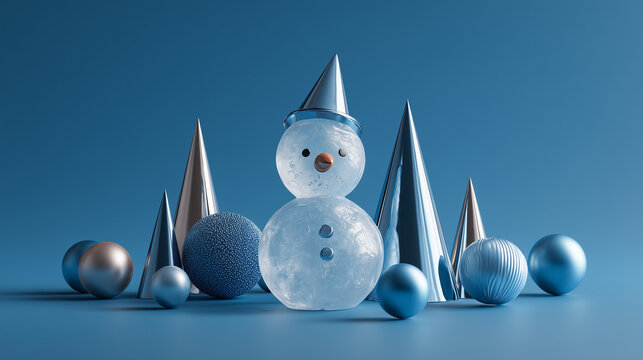 Minimalist 3D snowman made of glossy ice, reflecting light with smooth surfaces, simple winter decoration, modern and elegant frozen sculpture concept.