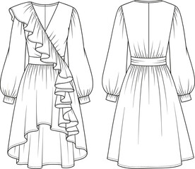 Women’s wrap dress flat sketch, technical fashion drawing, front back view, CAD vector template, apparel design illustration, ruffle garment silhouette