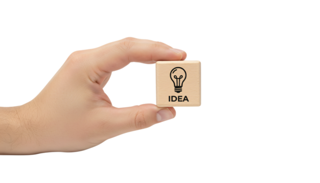 Hand Holding a Small Wooden Block with Lightbulb Icon and the Word IDEA, Symbolizing Creativity, Innovation, Brainstorming, and Business Inspiration