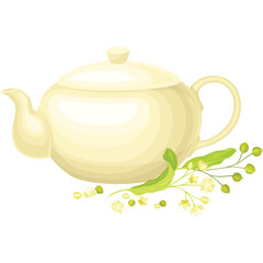 Cream Ceramic Teapot With Delicate Linden Blossoms And Leaves On Transparent Background