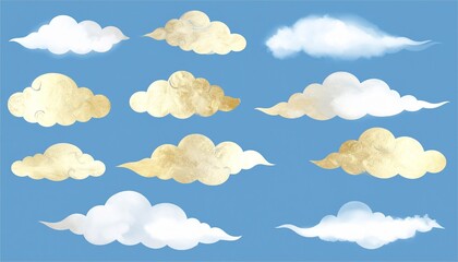 金色の筆書きの雲のイラスト素材セット　飾り　装飾　和風　デザイン