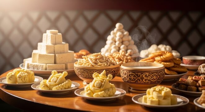 Mongolia Tsagaan Sar, wooden table with dairy offerings and tea bowl