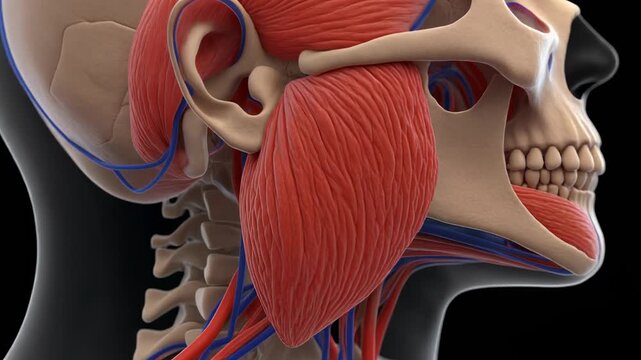 Detailed 3D anatomy animation of the tensor tympani muscle and surrounding skull structures.