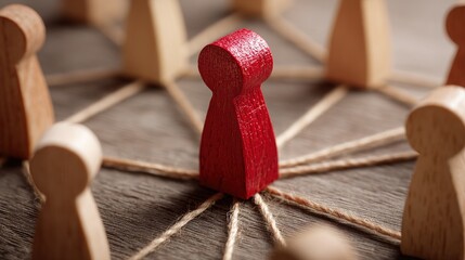 A central red wooden pawn connected by twine to surrounding natural wooden figures on a rustic table.