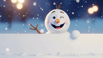 Joyful snowman with whimsical expression holding a blank sign in snowy landscape - Powered by Adobe