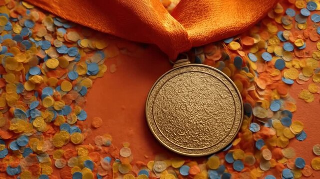 A gold medal with an orange ribbon lies on a bed of confetti