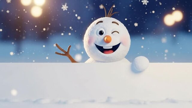 Joyful snowman with whimsical expression holding a blank sign in snowy landscape
