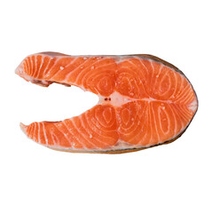 Fresh vibrant salmon steak with distinct marbling showcasing its rich texture and healthy omega 3 fatty acids against a stark black background